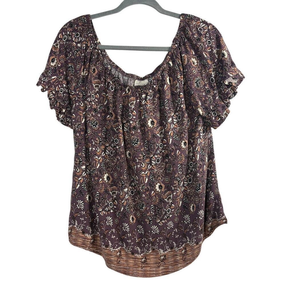 Knox Rose Floral Boho Peasant Blouse Flutter Sleeve Purple Brown Size Large